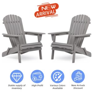 Fastroby Folding Adirondack Chair Set of 2 Solid Wood, 300 LBS Outdoor Patio Chairs Set of 2, Tall Comfortable Fire Pit Chair for Garden/Yard/Patio/Lawn, Grey