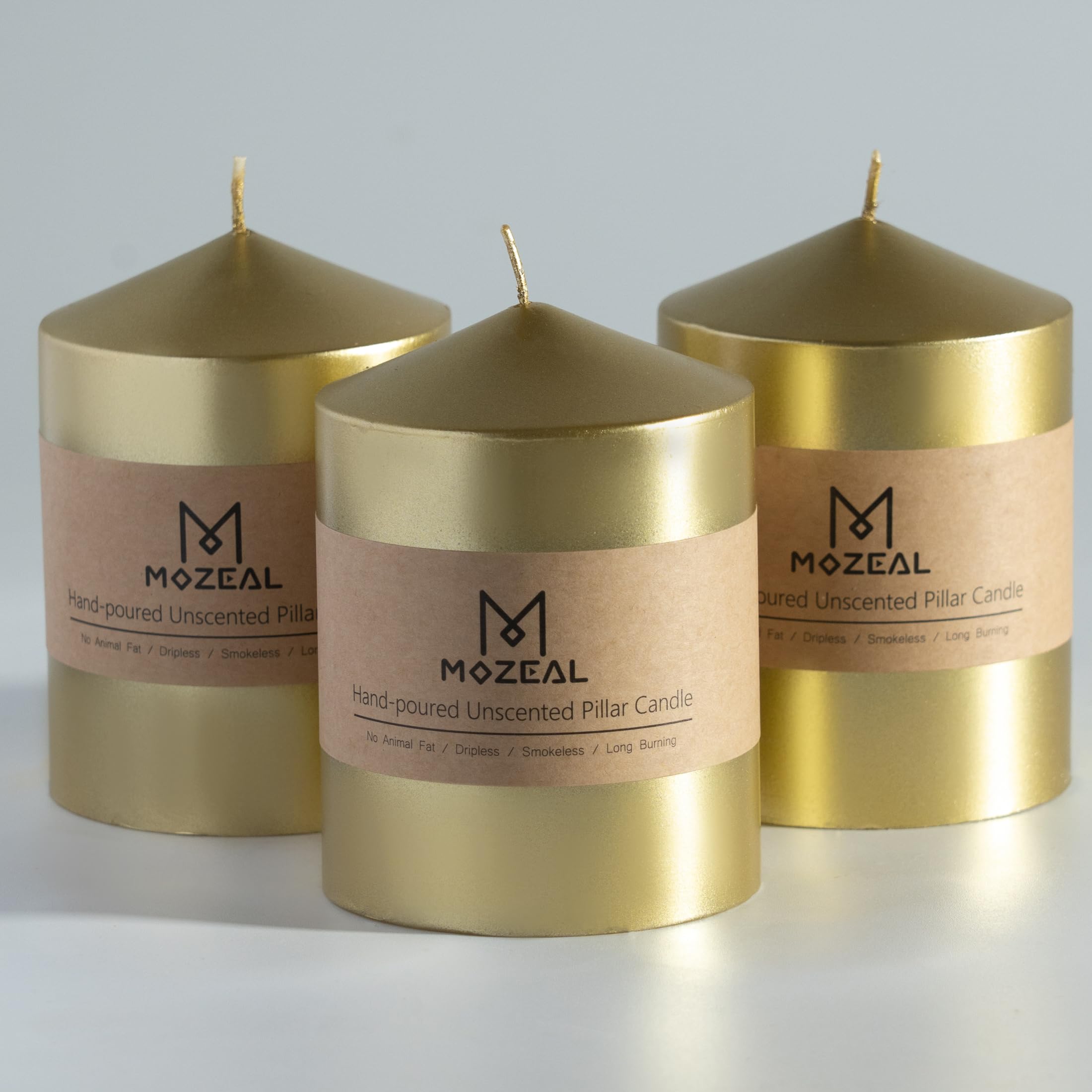 MOZEAL 3" x 4" Hand-Poured Unscented Gold Pillar Candles,Dripless Candles Set of 3,Smokeless,Clean Burning,Approx 60 Hours Burn Time,Wedding,Dinner,Christmas and Home Decor（3 Inch Width Series）