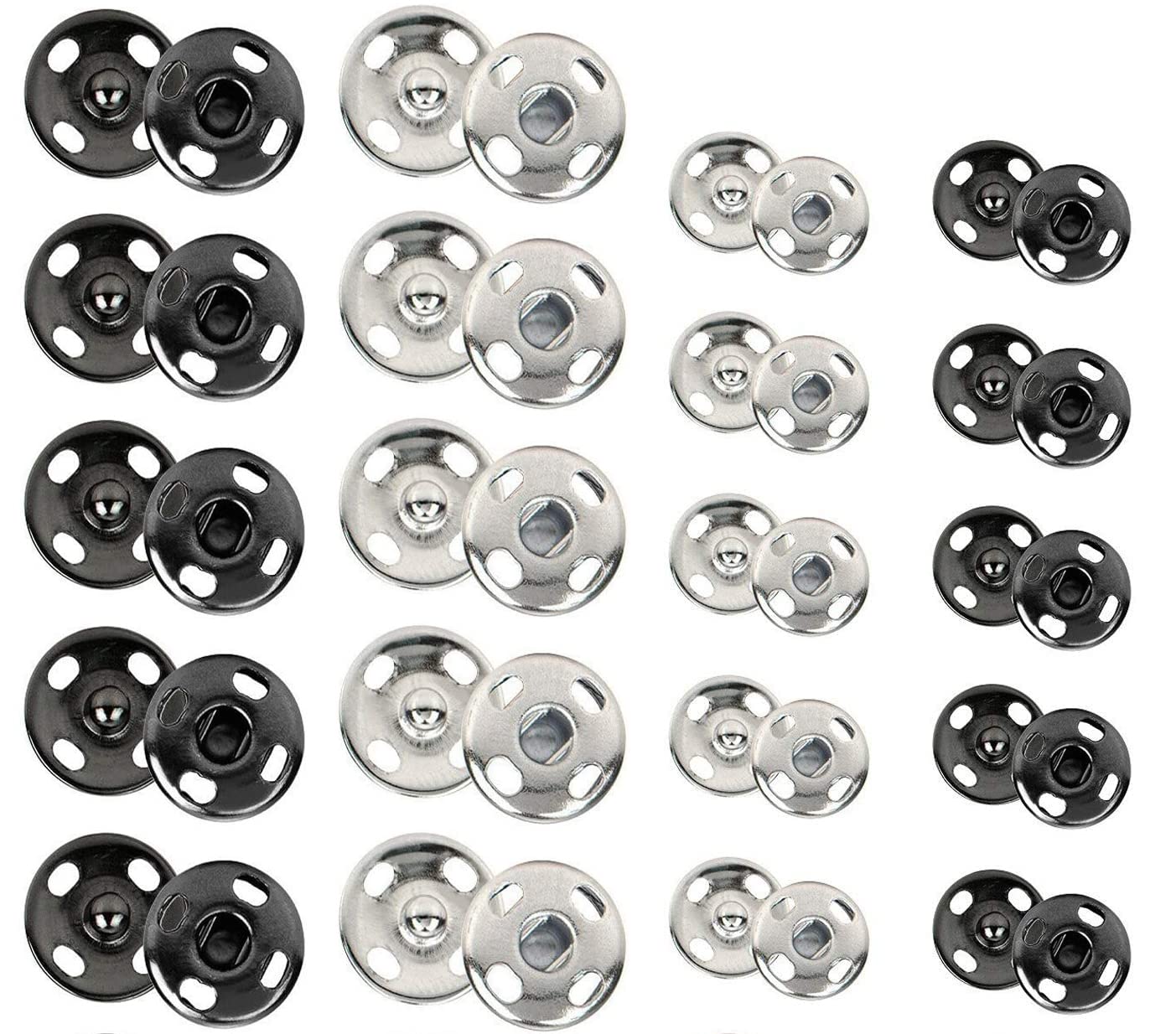 Willrain Sewing Snaps,120 Sets 8 mm and 10 mm,Black and Silver, Sew-on Snap Buttons Metal Snaps Fasteners Press Studs Buttons for Sewing