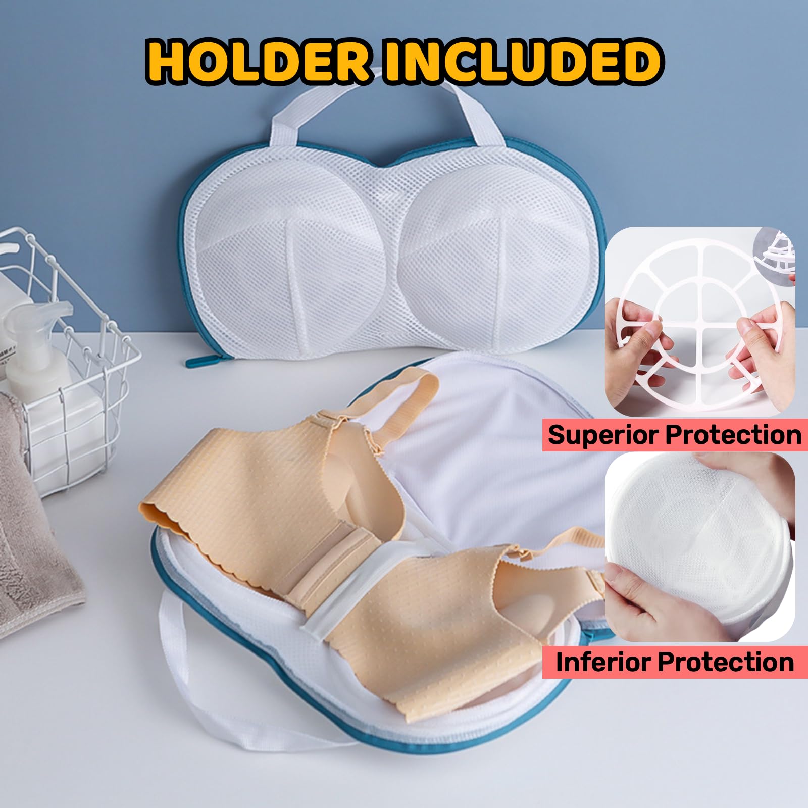 3Pcs Bra Wash Bags for Laundry Lingerie Underwear Brassiere Bag Set for Washing Machine With Zipper Women Delicates Blue (A to C Cups)