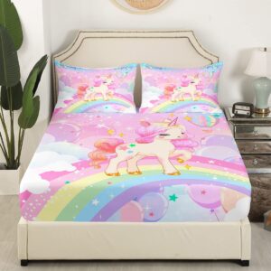 Feelyou Unicorn Girls Bedding Set Full Kawaii Cute Rainbow Unicorn Bed Sheets Cartoon Horse Sheet Set Kids Children Galaxy Stars Magical Pink Unicorn Animal Room Decor 1 Sheet +2 Pillowcases