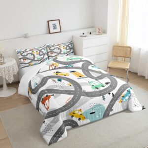 Cartoon Cars Comforter Set Twin, City Roads Bedding, Hand Drawn Cute Town Road Trees Bedding Comforter Sets, Teal Yellow Blue Retro Rustic Farmhouse Lake Bedroom Decor Down Comforter For Boys