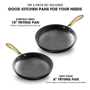 imarku Non Stick Frying Pans, Professional Cast Iron Skillets 2 Pcs - 8 Inch & 10 Inch Frying Pans Nonstick, Honeycomb Long Lasting Frying Pan Set, Gold Handle Oven Safe Pan, Best Christmas Gifts