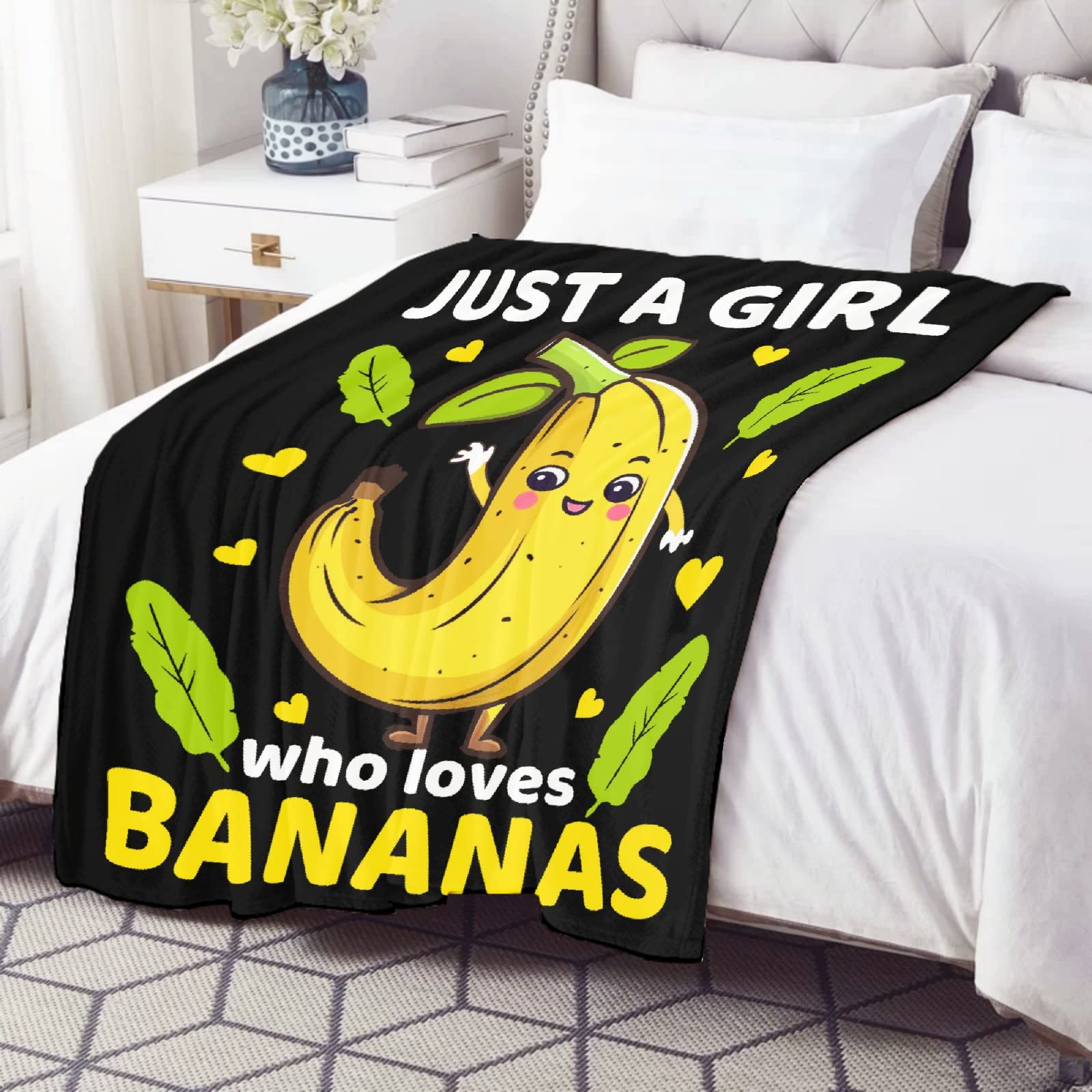 Cute Banana Throw Blanket Gifts for Girls Lover,Just Girl Who Loves Bananas Print Blankets,Soft Plush Flannel Quilt for Bed Sofa Couch Room Decoration 50 x 40in for Kids