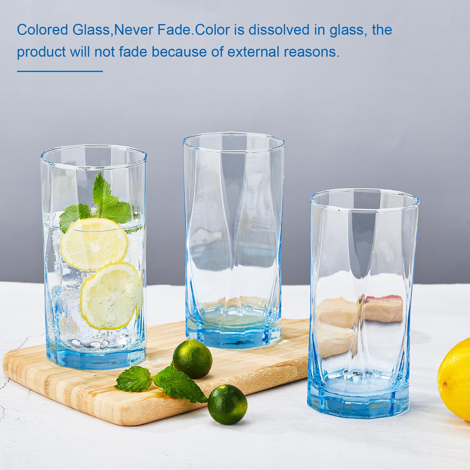 CREATIVELAND Geometric Shapes Glass Drinking Glasses Set of 6, 13.5 OZ Solid Blue Color Glass Tumbler Glassware for Water, Juice, Different Options for Home, Restaurant, Hotel, Bar