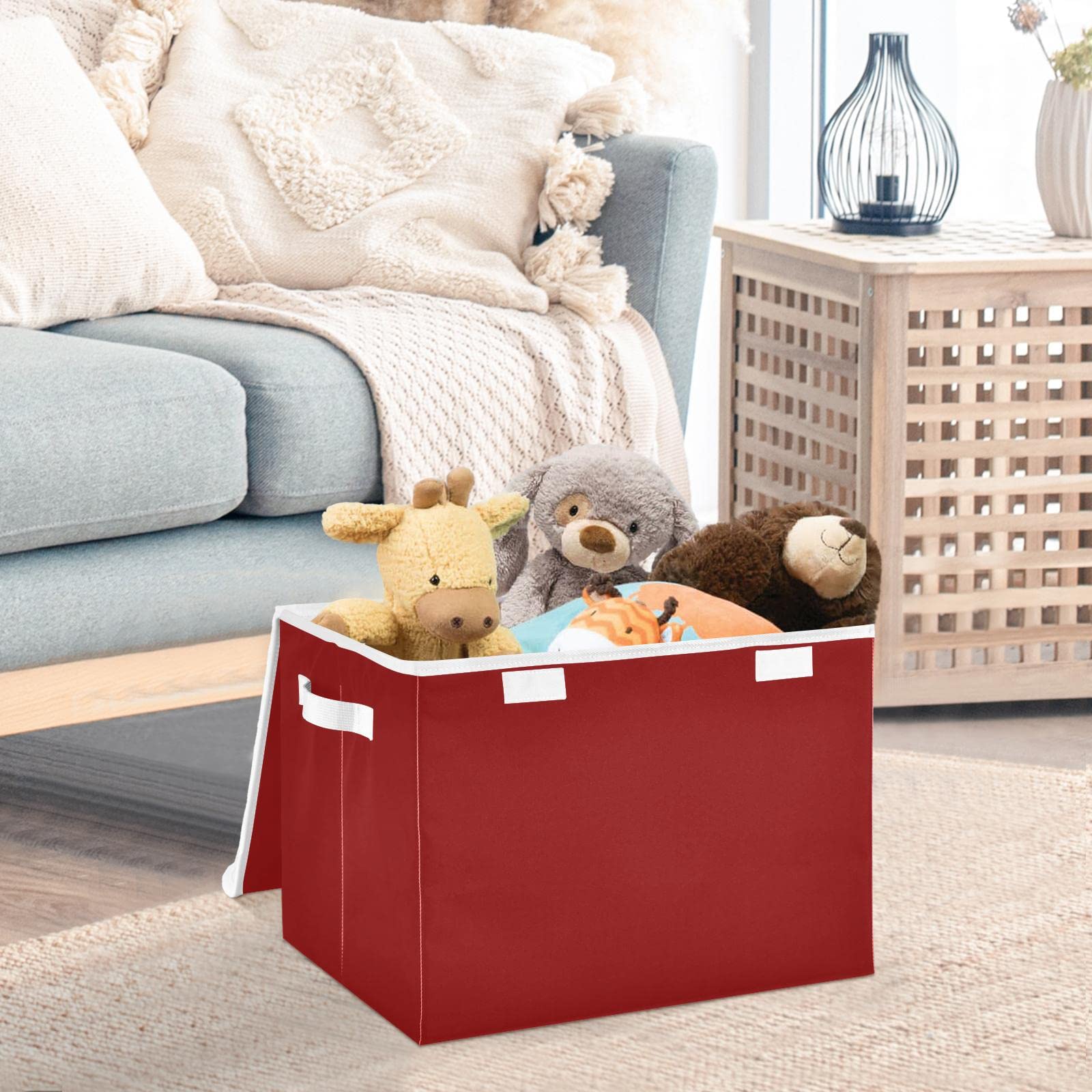 Joisal Maroon Stackable Flip-Top Storage Basket with Lid, Collapsible Bins with Lids, Plastic Storage Box Bins, with Handle and Full Print