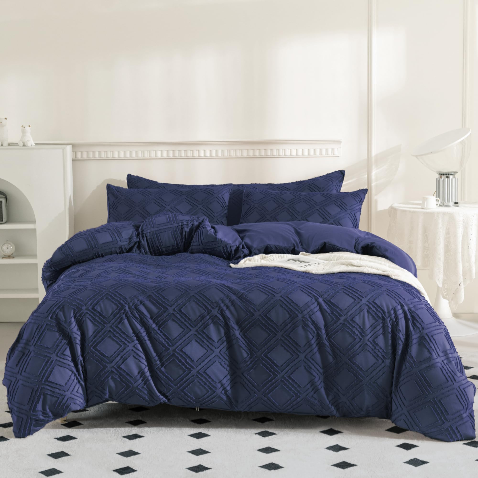 JELLYMONI Navy Blue Duvet Cover Full Size - 3 PCS Microfiber Tufted Duvet Cover Set, Boho Textured Duvet Cover Jacquard Rhombus Geometric Pattern Duvet Cover with Corner Ties & Zipper Closure