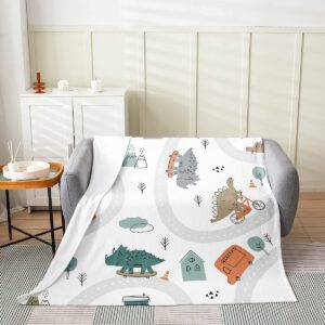 Dinosaur Blanket Baby 30x40 Inch, Cute Dino Throw Blanket, Hand Drawn Cartoon Skateboard Bike Cars Fleece Blanket, Green Grey Vehicle Wild Kawaii Animal Luxury Soft Fuzzy Blanket for Kids