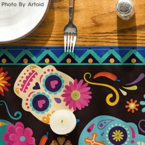 Artoid Mode Suger Skulls Floral Day of The Dead Table Runner, Halloween Seasonal Kitchen Dining Table Decoration for Home Party Decor 13x72 Inch