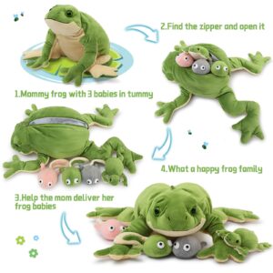 Tezituor Giant Realistic Frog Stuffed Animal Plush Toy, 20.5” Large Mommy Frog with 4 Babies Pillow Gifts for Boys Girls