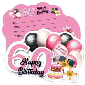 erhachaijia 20 pcs pink & black golden balloons & cake shaped fill-in invitations cards with envelopes, funny 60th happy birthday party 60 year old birthday invites for women lady wife mom adults