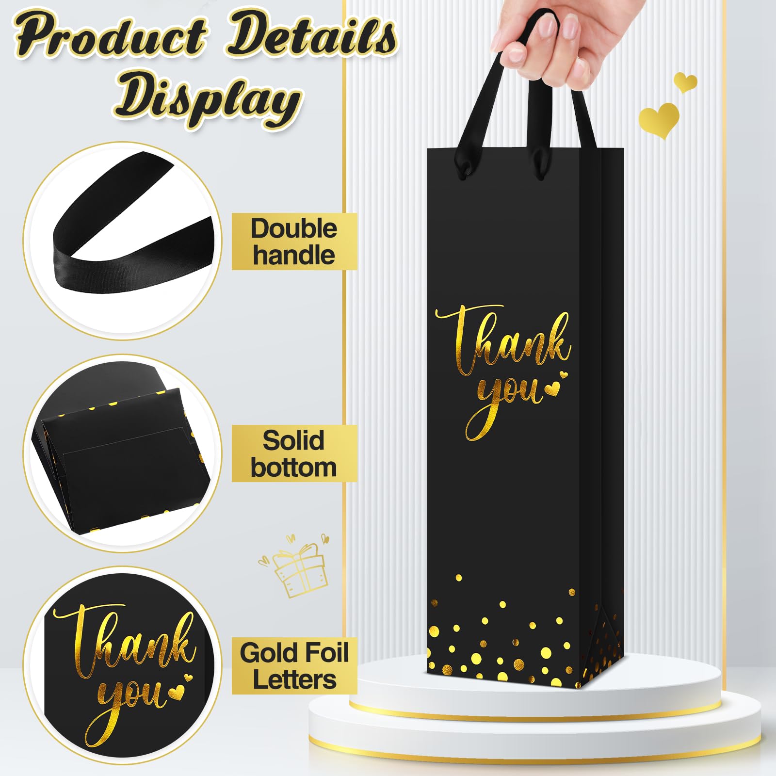 Ctosree 30 Pcs Wine Gift Bag for Bottle Wedding Thank You Favor Bag with Metallic Gold Foil Print Kraft Wine Paper Bag with Rope Handle for Christmas Thanksgiving Halloween Birthday Party(Black)