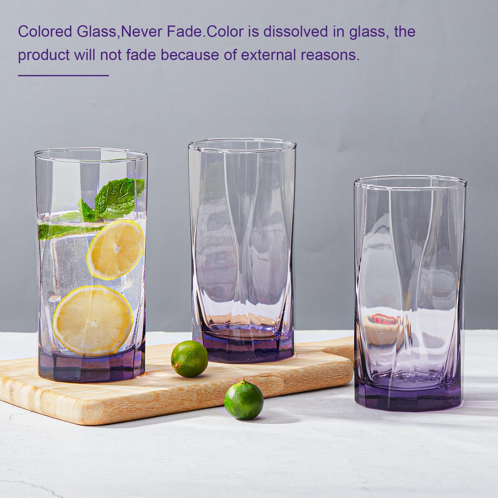 CREATIVELAND Geometric Shapes Glass Drinking Glasses Set of 6, 13.5 OZ Solid Purple Color Glass Tumbler Glassware for Water, Juice, Different Options for Home, Restaurant, Hotel, Bar