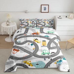 cartoon cars comforter set twin, city roads bedding, hand drawn cute town road trees bedding comforter sets, teal yellow blue retro rustic farmhouse lake bedroom decor down comforter for boys