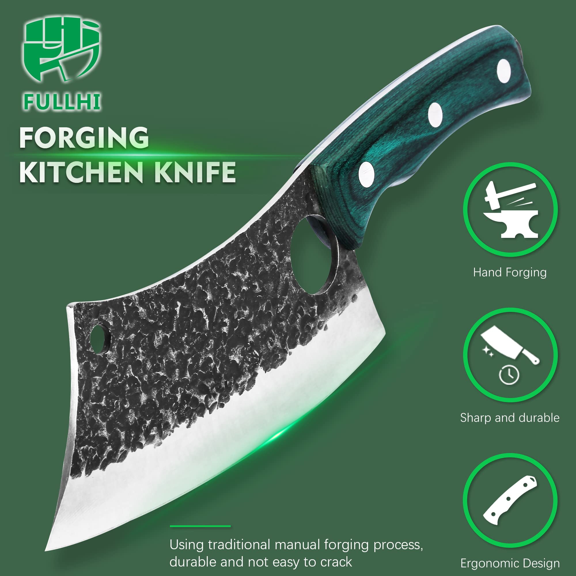 FULLHI Portable 14/15pcs Butcher knife set cleaver green woodhandle with bag Hand Forged chef knife Boning Knife High Carbon Steel viking knife set For Kitchen