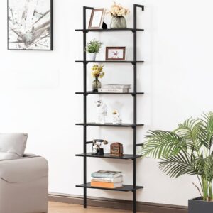 Apicizon 6 Tier Ladder Shelf, Industrial Wall Shelf with Wood Shelves and Stable Metal Frame, Open Wall Mount Bookcases, Display Shelves, Plant Flower Rack for Home Office, Balcony, Bathroom, Black