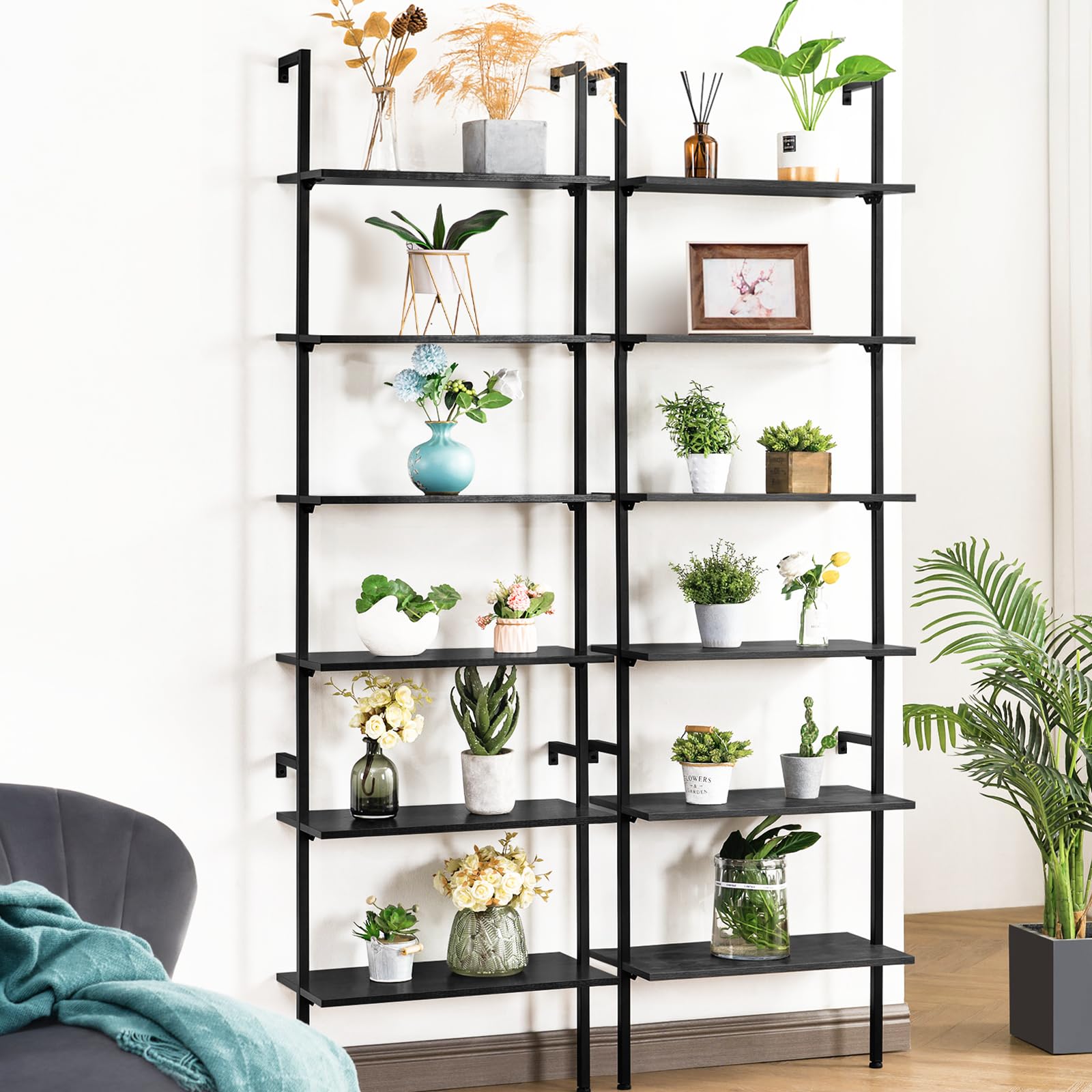 Apicizon 6 Tier Ladder Shelf, Industrial Wall Shelf with Wood Shelves and Stable Metal Frame, Open Wall Mount Bookcases, Display Shelves, Plant Flower Rack for Home Office, Balcony, Bathroom, Black