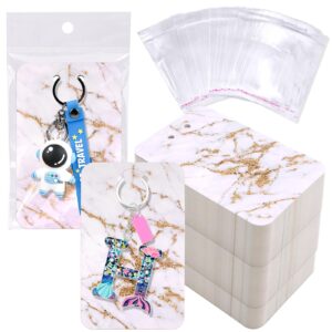 zynery 100 pcs keychain display cards with self-sealing bags, 3 x 4.7 inch keychain holder, keychain packaging supplies for displaying keychains jewelry (marble white)