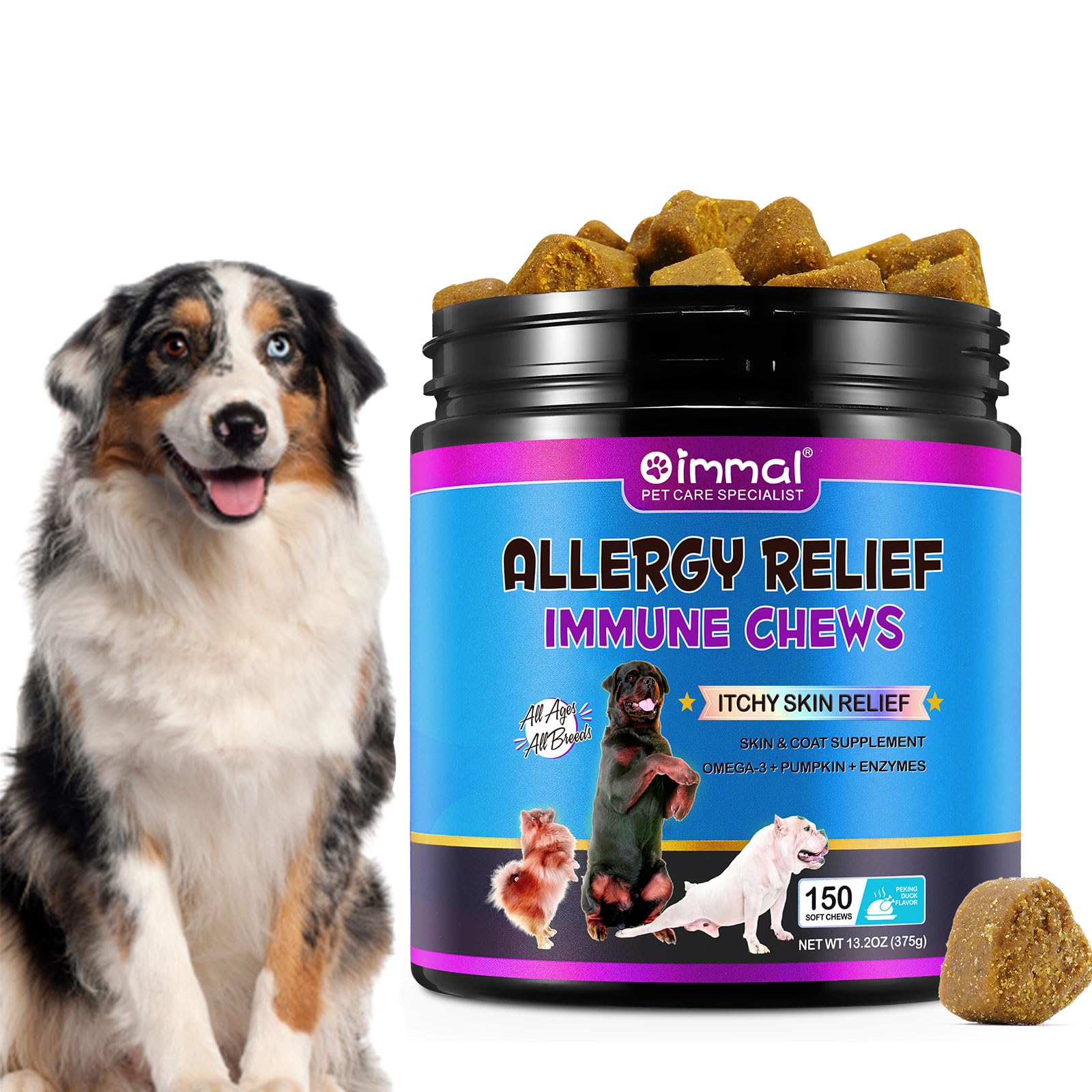 Dog Allergy Relief-Dog Allergy Chews (150 Soft Chews)- Itch Relief for Dogs, Omega 3 Fish Oil + Pumpkin Enzymes + DHA for Dogs, Seasonal Allergies + Anti Itch + Hot Spots.