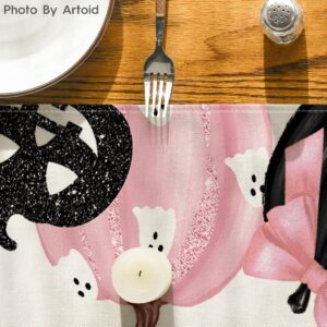 Artoid Mode Pink Jack-O-Lantern Pumpkin Bat Halloween Table Runner, Holiday Kitchen Dining Table Decoration for Indoor Outdoor Home Party Decor 13 x 72 Inch