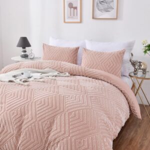 duvetex pink tufted queen duvet cover set, soft and lightweight shabby chic embroidery duvet covers for all seasons, 3 pieces boho bedding set 90" x 92"(1 duvet cover with 2 pillow shams)