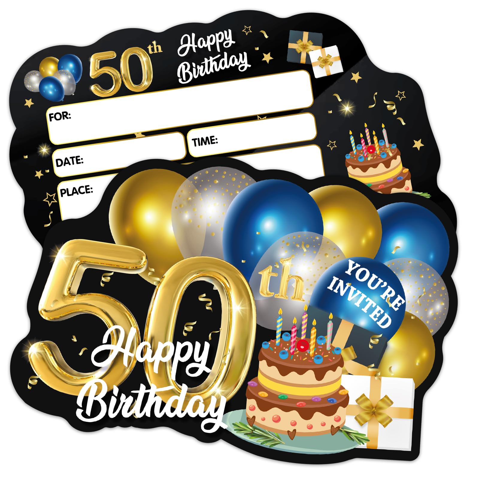 ERHACHAIJIA 20 PCS Blue & Golden Balloons & Cake Shaped Fill-In Invitations Cards With Envelopes, Funny 50th Happy Birthday Party 50 Year Old Birthday Invites For Men Husband Dad Farther