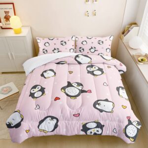 cvhouse cartoon penguin bedding set twin cute animal pattern kids teen comforter set 3 pieces with 1 comforter + 2 pillow cases decor comforter set cute penguin animal pattern