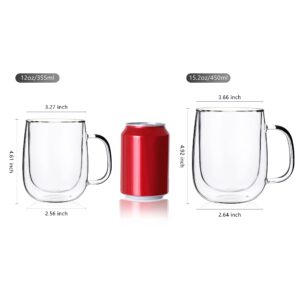 CNGLASS Large Double Wall Glass Coffee Mug 15.2oz,Clear Insulated Glass Espresso Cup with Big Handle,set of 2