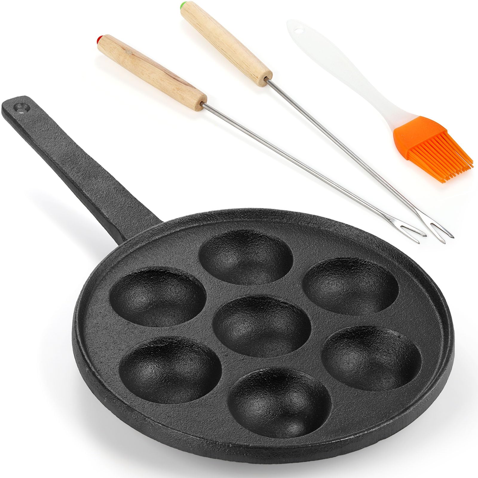 WUWEOT Cast Iron Aebleskiver Pan, 2" Poffertjes Danish Pancake Balls Griddle, 7 Hole NonStick Ebelskiver Pan, Half Sphere Takoyaki Maker with Turn Sticks and Brush for Baking Cooking