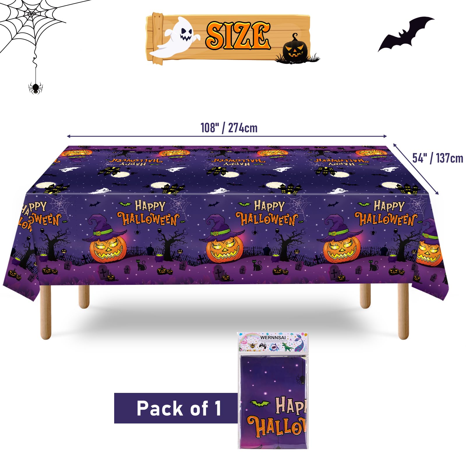 WERNNSAI Halloween Tablecloths 1 PC - Halloween Party Tablecloth Halloween Plastic Tablecloth 108" x54” Disposable Tablecloth Rectangular Tablecloth Waterproof Tablecloth Kids