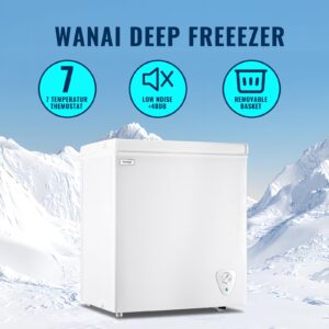 WANAI Deep Freezer 5.0 Cu Ft Chest Freezer With Adjustable Thermostat And Removable Storage Basket Small Freezer For Home Kitchen Office Bar