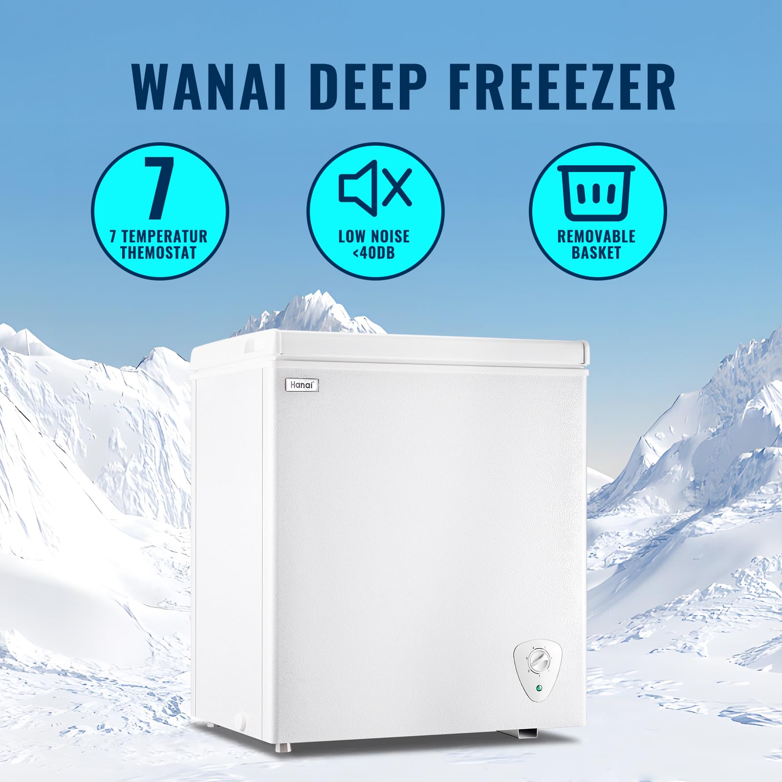 WANAI Deep Freezer 5.0 Cu Ft Chest Freezer With Adjustable Thermostat And Removable Storage Basket Small Freezer For Home Kitchen Office Bar