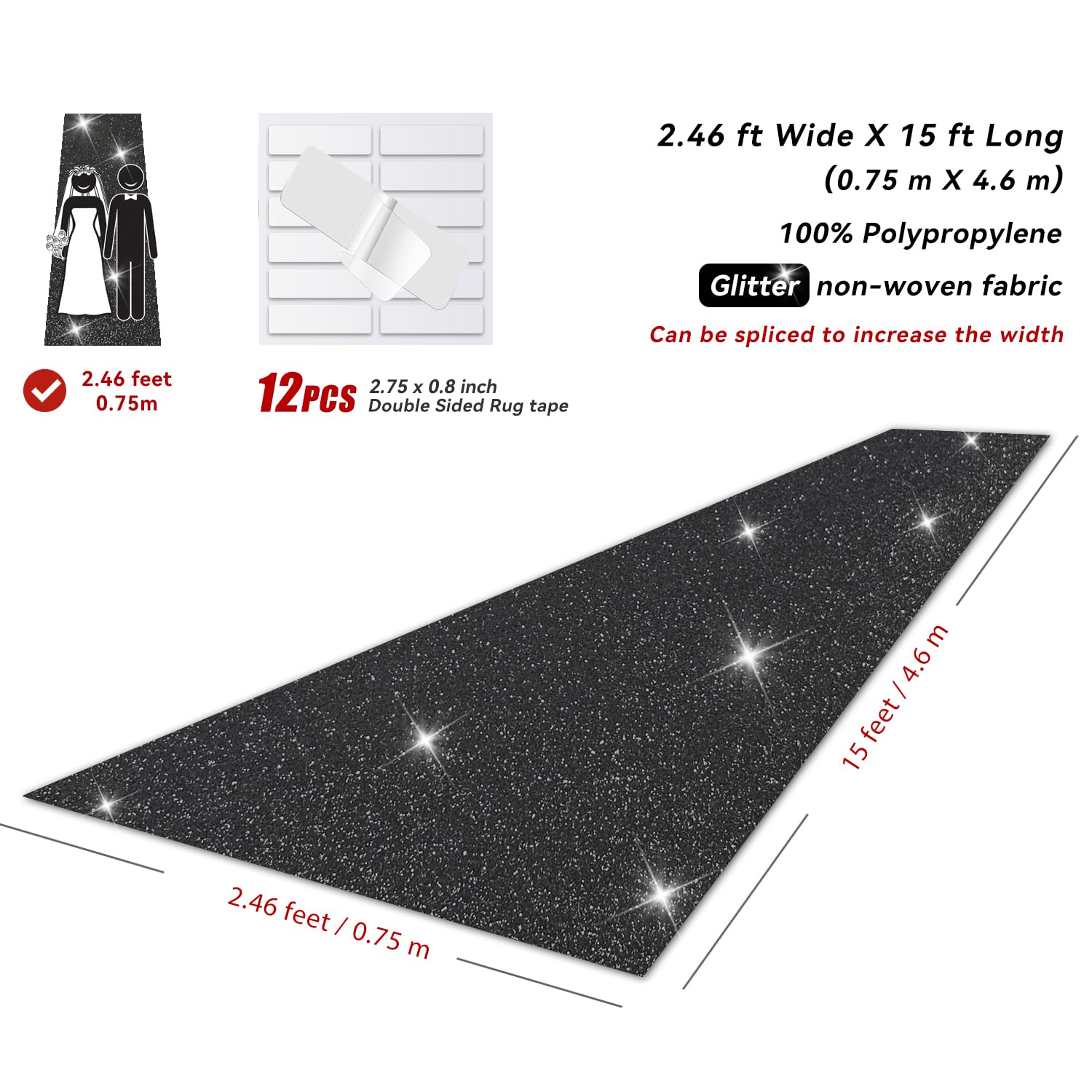 EZLucky Glitter Black Carpet Runner for Party, 2.46X15ft, 200GSM Glitter Non-Woven Fabric, Hollywood Black Carpet for Event, Aisle Runner for Wedding Ceremony, Movie Theme Party Decorations