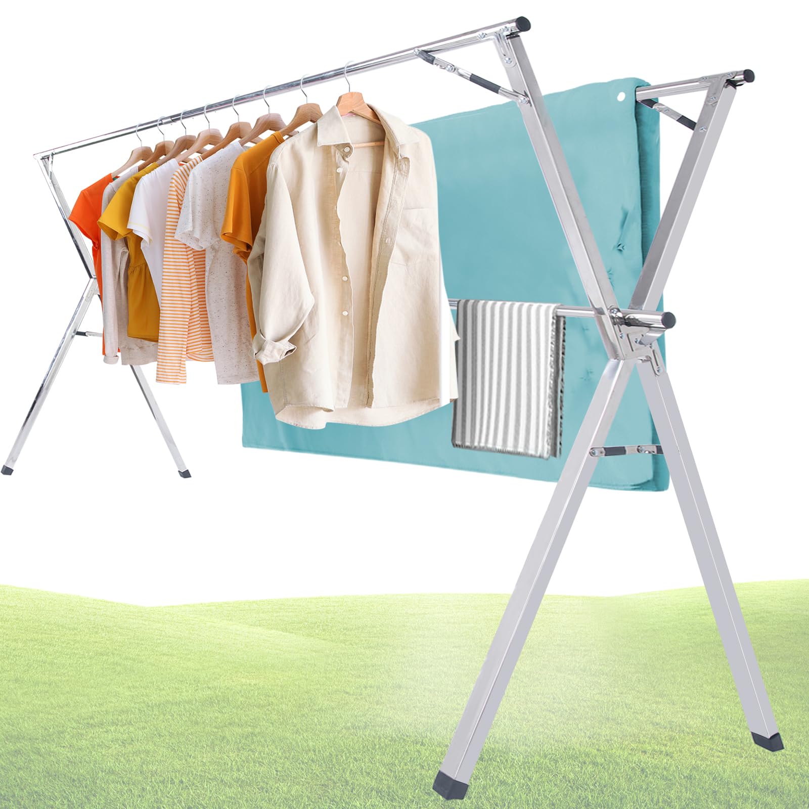 RSYEKU 79 Inches Clothes Drying Rack Outdoor,Stainless Steel Laundry Drying Rack Clothing Foldable & Collapsible Heavy Duty Garment Rack for Indoor Outdoor with Windproof Hooks