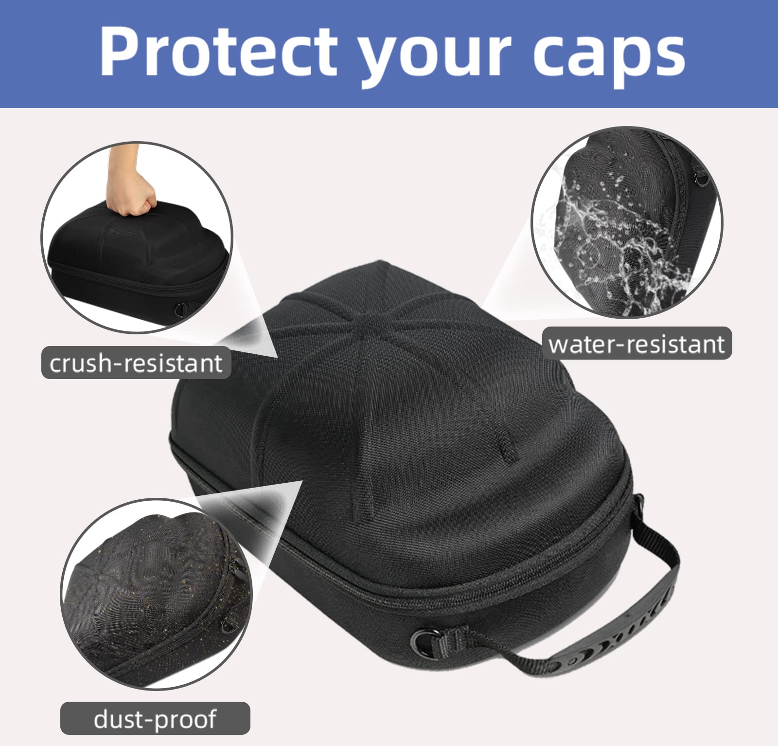 Hat case for Baseball Cap, Hard hat Travel case, caps Holder, Baseball Hat Organizer, Holding up to 6 caps for Travel and Home Storage Black