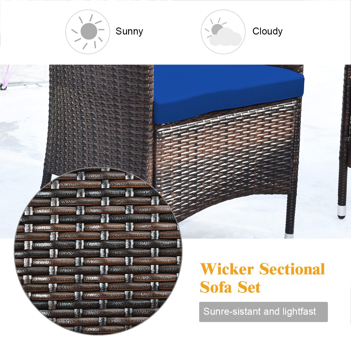 COSTWAY 4PCS Rattan Patio Furniture Set, Outdoor Wicker Rattan Chairs with Coffee Table, Rattan Cushioned Conversation Set for Backyard Balcony Porch Poolside, Navy