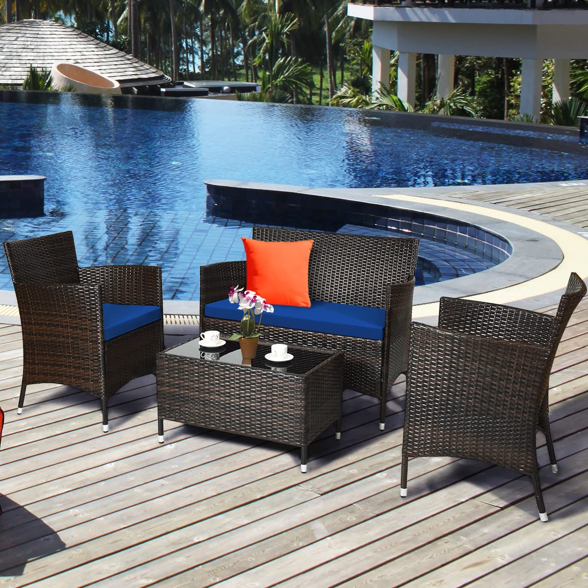 COSTWAY 4PCS Rattan Patio Furniture Set, Outdoor Wicker Rattan Chairs with Coffee Table, Rattan Cushioned Conversation Set for Backyard Balcony Porch Poolside, Navy