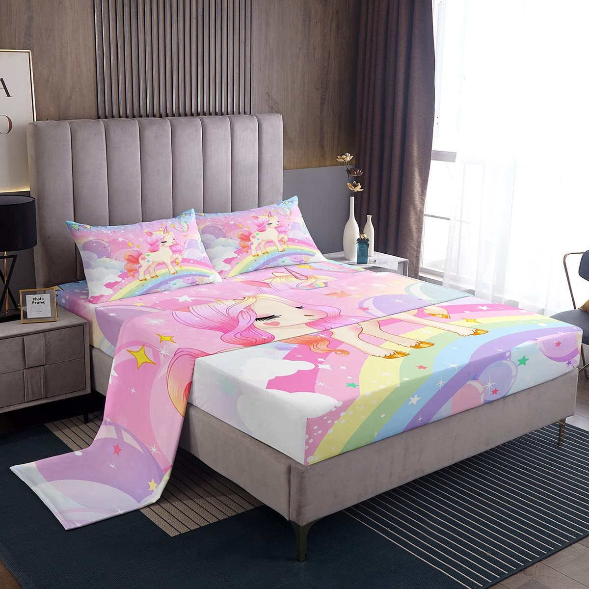 Feelyou Unicorn Girls Bedding Set Full Kawaii Cute Rainbow Unicorn Bed Sheets Cartoon Horse Sheet Set Kids Children Galaxy Stars Magical Pink Unicorn Animal Room Decor 1 Sheet +2 Pillowcases