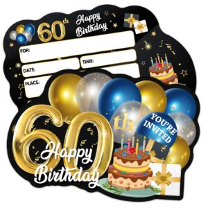 erhachaijia 20 pcs blue & golden balloons & cake shaped fill-in invitations cards with envelopes, funny 60th happy birthday party 60 year old birthday invites for men husband dad farther