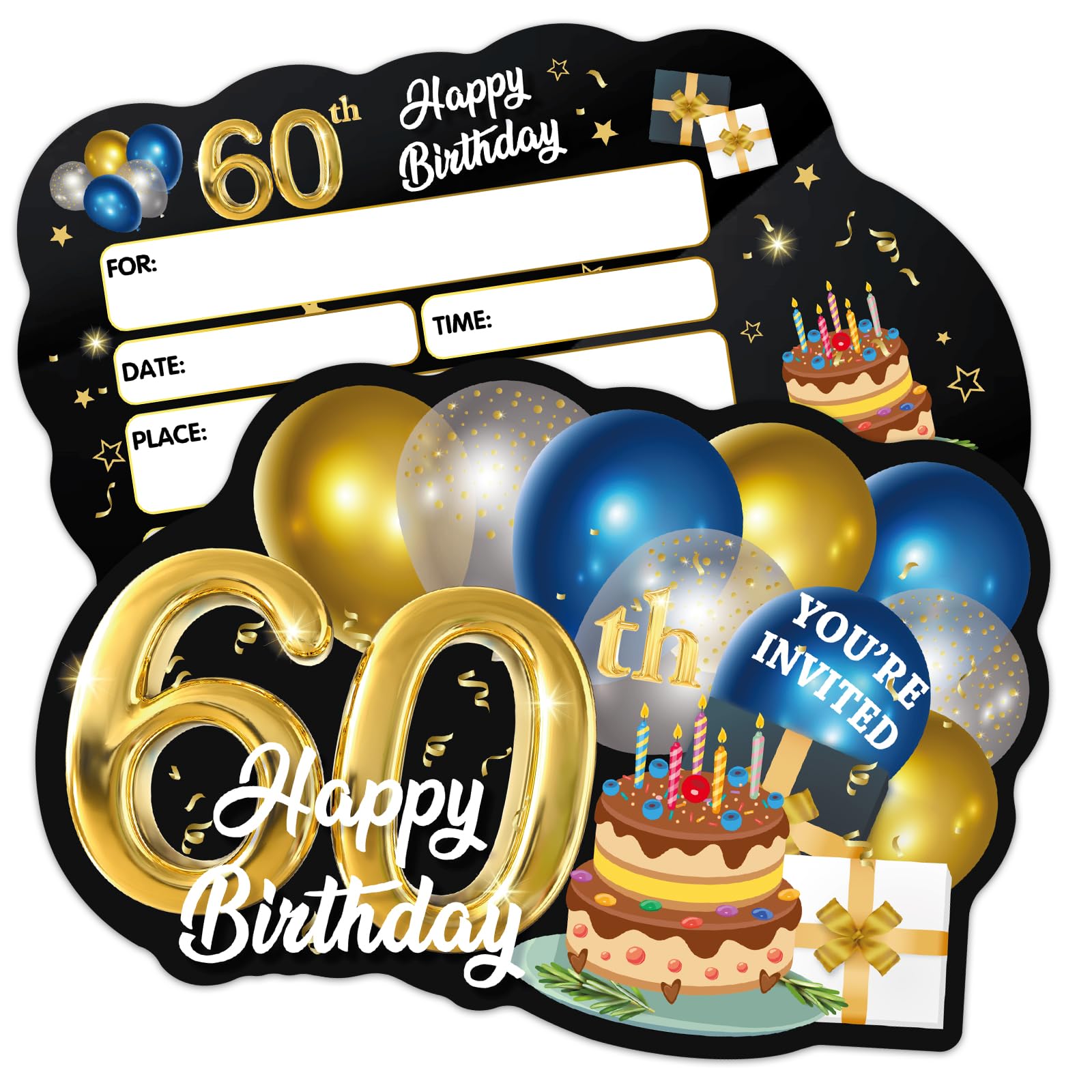 ERHACHAIJIA 20 PCS Blue & Golden Balloons & Cake Shaped Fill-In Invitations Cards With Envelopes, Funny 60th Happy Birthday Party 60 Year Old Birthday Invites For Men Husband Dad Farther