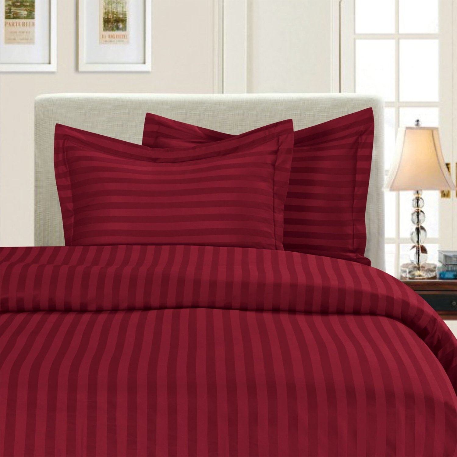 All Star Linen 3 Piece Queen Size Stripe Duvet Cover Sets 800 Thread Count Egyptian Quality Luxurious Burgundy Stripe Comforter Cover (Queen (90 x 90)