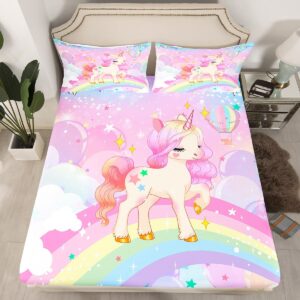 Feelyou Unicorn Girls Bedding Set Full Kawaii Cute Rainbow Unicorn Bed Sheets Cartoon Horse Sheet Set Kids Children Galaxy Stars Magical Pink Unicorn Animal Room Decor 1 Sheet +2 Pillowcases