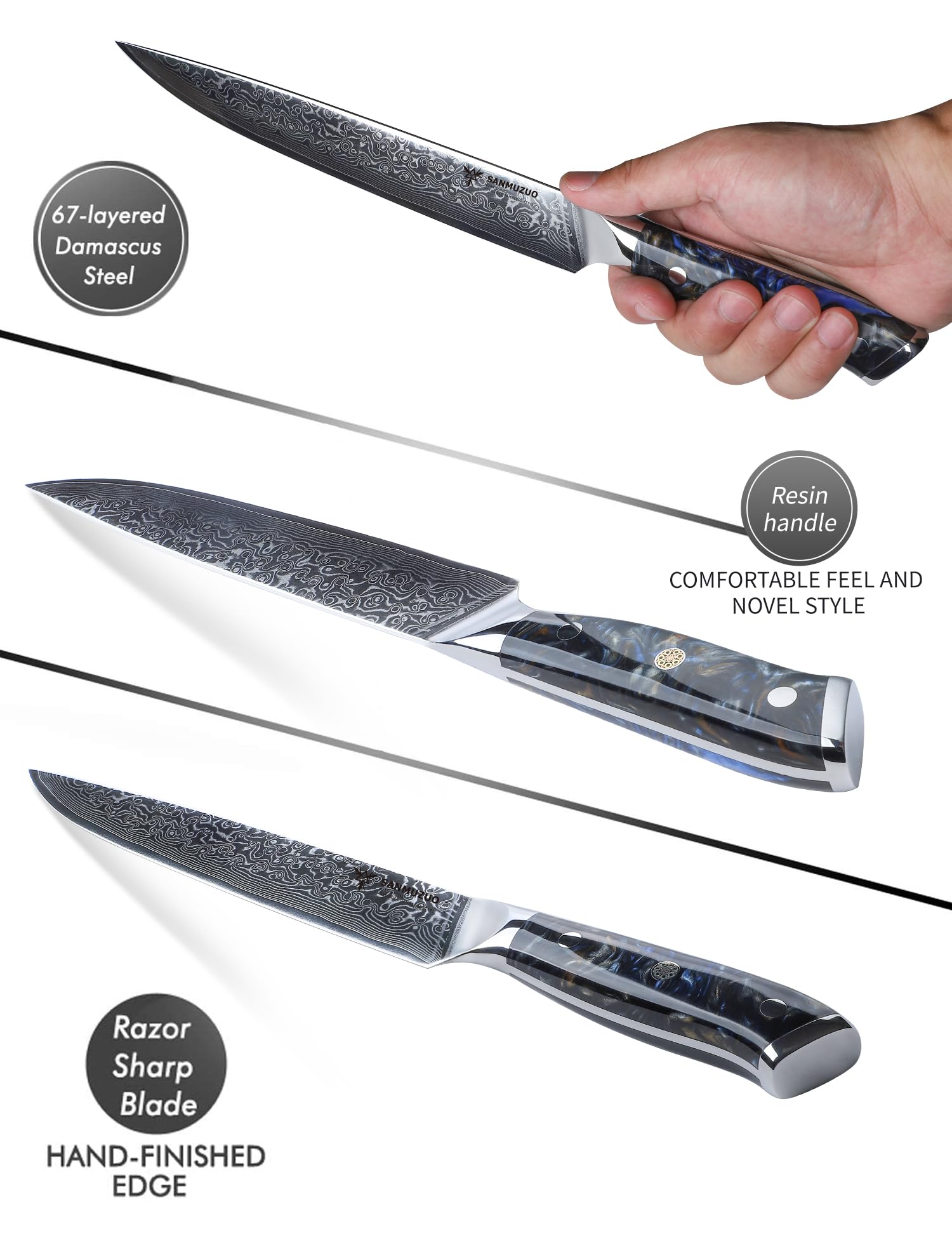 SANMUZUO Carving Knife - 9 inch Slicing Knife- Xuan Series - VG10 Damascus Steel Kitchen Meat Cutting Knife - Resin Handle (Starry Black)