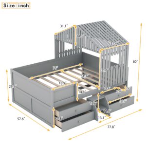 Full Size House Bed for Kids, Full Bed Frame with 4 Storage Drawers, Fences and Roof, Solid Wooden Low Loft Bed Full Platform Bed Frame for Kids Teens Girls & Boys (Full, Gray)