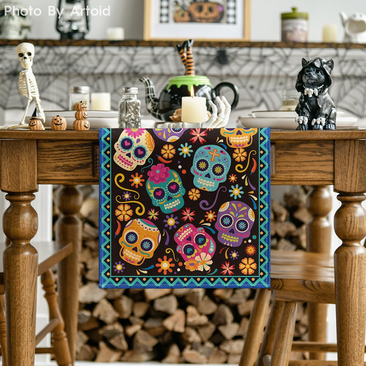 Artoid Mode Suger Skulls Floral Day of The Dead Table Runner, Halloween Seasonal Kitchen Dining Table Decoration for Home Party Decor 13x72 Inch