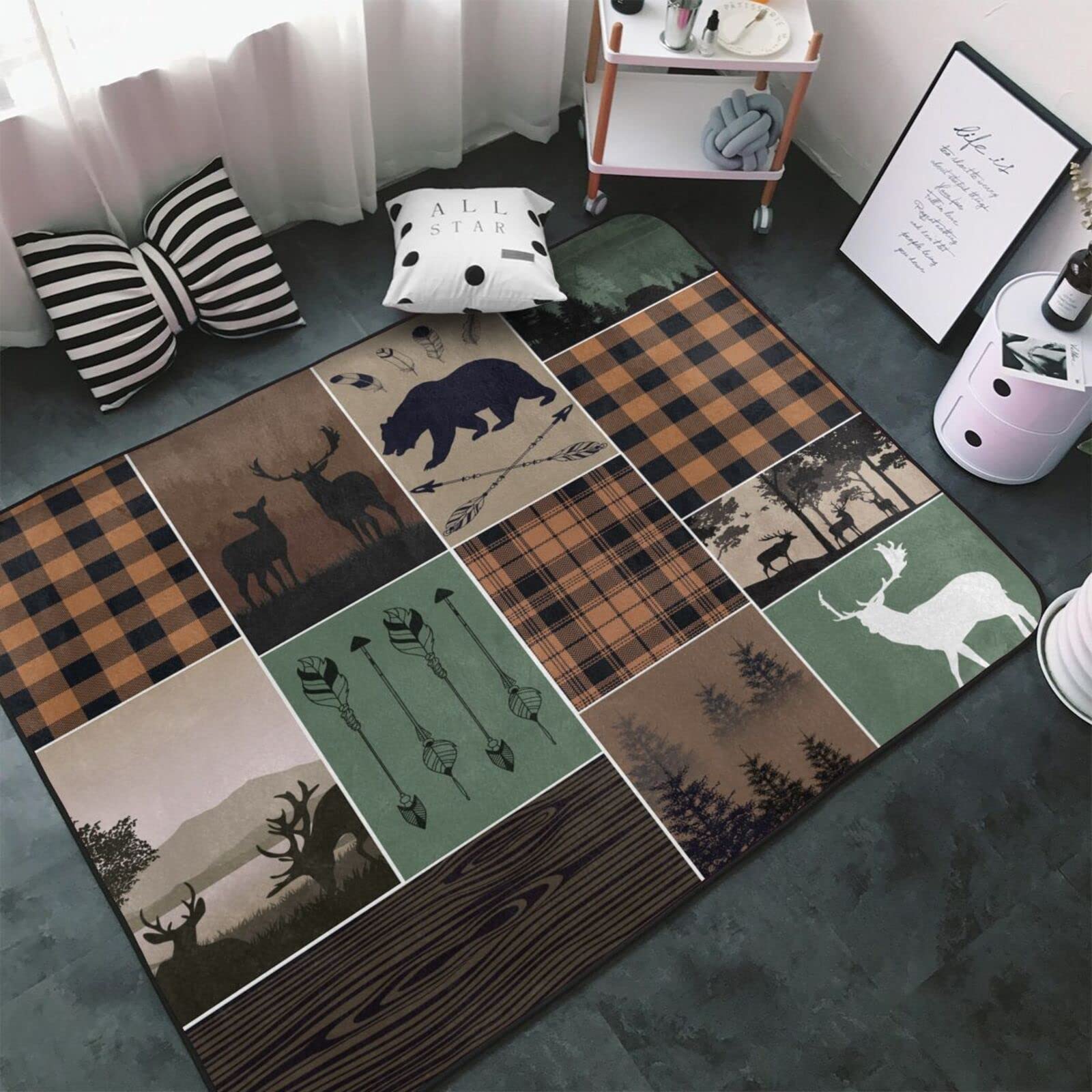 Cabin Deer Area Rugs,Rustic Hunting Camper Plaid Wild Bear Elk Forest Farmhouse Indoor Decor Non Slip Green Carpet Enterence Bedroom Study Kitchen 63x48 inch