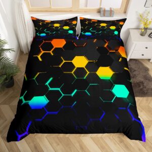 3d honeycomb duvet cover set twin size,colorful neon light hexagon bedding set 2pcs kids boys teens girls bedroom decor fashion geometric comforter cover black cool gaming quilt cover,1 pillowcase