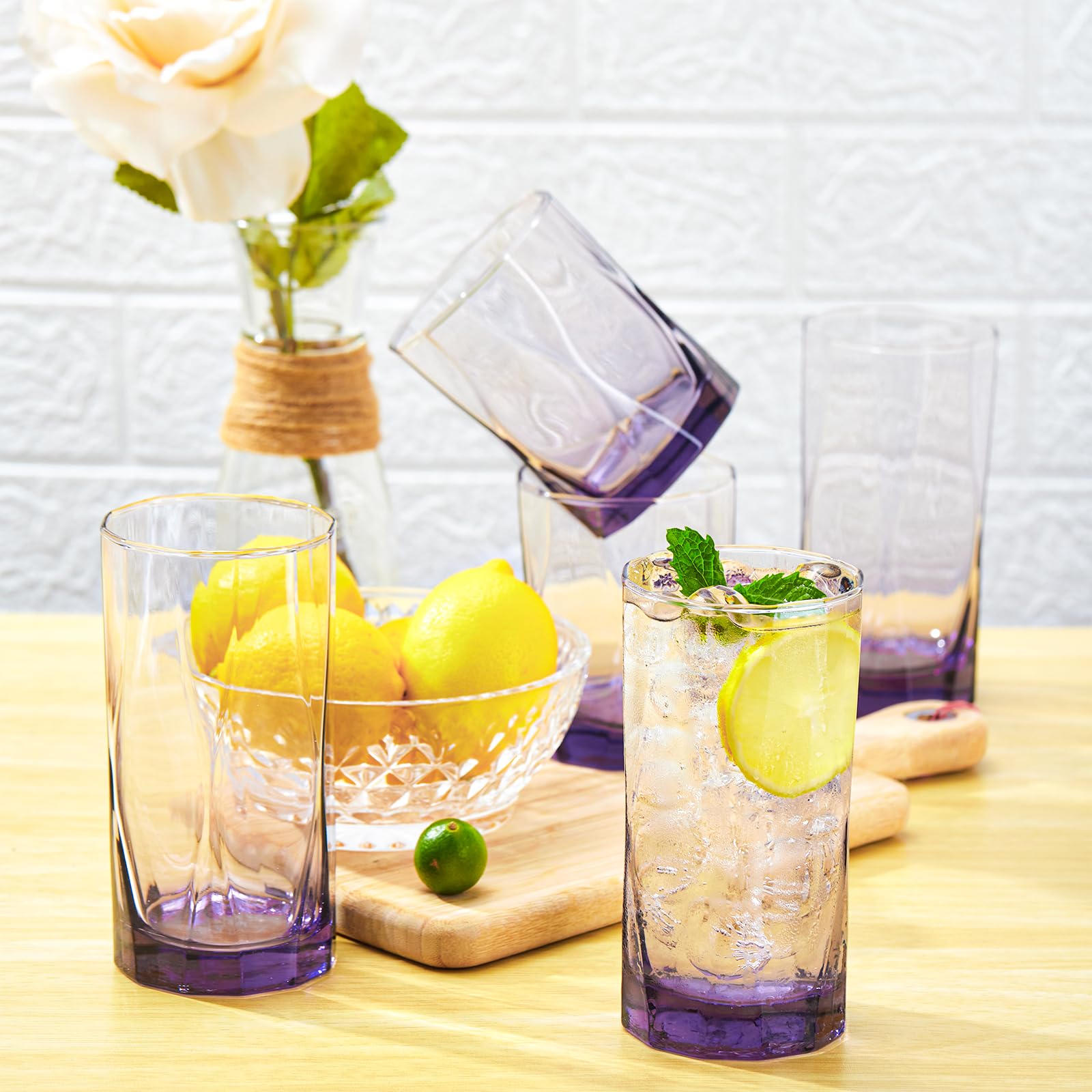 CREATIVELAND Geometric Shapes Glass Drinking Glasses Set of 6, 13.5 OZ Solid Purple Color Glass Tumbler Glassware for Water, Juice, Different Options for Home, Restaurant, Hotel, Bar