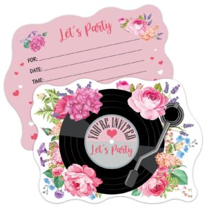 erhachaijia 20 pcs pink flowers vinyl records shaped fill-in invitations cards with envelopes, funny music party birthday bridal shower wedding party invites for teens adults music lover singer fans