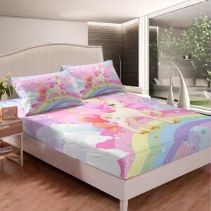 Feelyou Unicorn Girls Bedding Set Full Kawaii Cute Rainbow Unicorn Bed Sheets Cartoon Horse Sheet Set Kids Children Galaxy Stars Magical Pink Unicorn Animal Room Decor 1 Sheet +2 Pillowcases